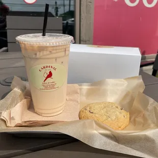 Gluten free chocolate chip cookie &amp; iced sweet pistachio latte