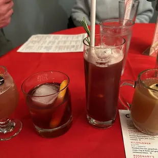 (L to R) Boulevardier, Laverne &amp; Shirley, Crimson and Clover, Warmed Spiced Cider with bourbon