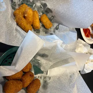 Mac n cheese bites and mini corn dogs...came out hot and delicious!