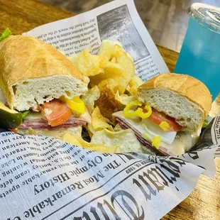 a sub sandwich and chips