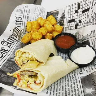 a burrito with tater tots and tater tots