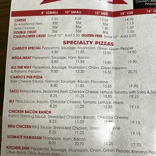 Page one of menu