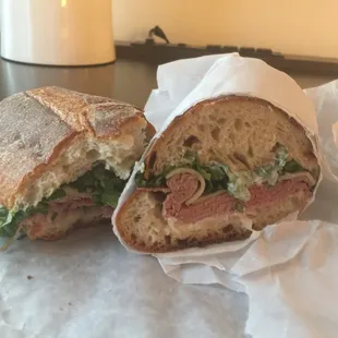 Delicious roast beef sub on a baguette.