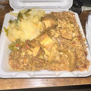 Curried Goat Bone and Fat platter with rice and peas and cabbage