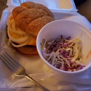 Cheeseburger and crunchy coleslaw to go!! So delicious.