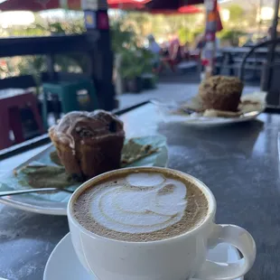 Gluten-free blueberry lemon muffin, gluten-free banana walnut muffin, decaf almond milk cappuccino