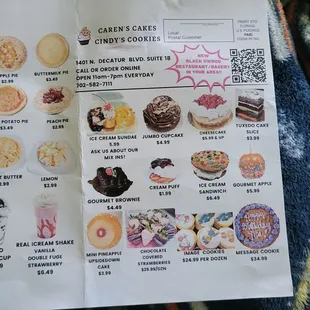 Menu for pastries