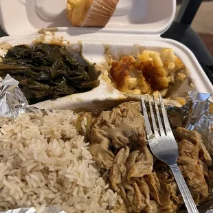 Chitterlings, Mac and cheese, greens, cornbread