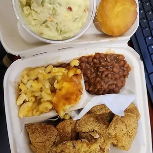 5 piece catfish 3 sides. Mac and cheese, baked beans and potato salad.