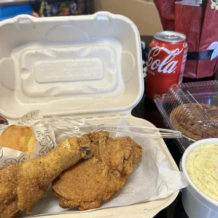 2 Piece Chicken Combo with cornbread and potato salad. So good!!!