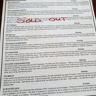 a menu for wine tasting