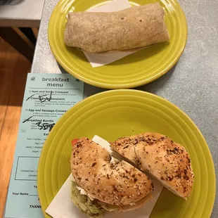 Breaky burrito and classic bagel sandwich