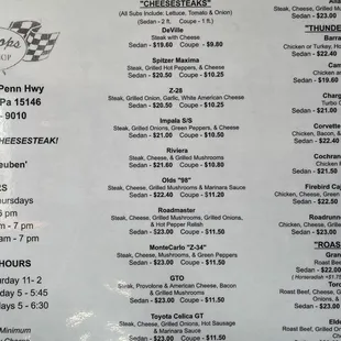 Cheesesteak menu
