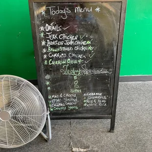 a menu and a fan