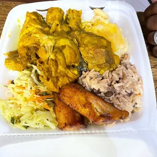 Curry Chicken w/ 3 sides &amp; plantains