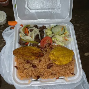 Fried Beef, Rice and beans, plantains