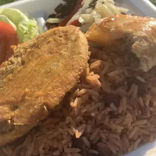 Tassot Boeuf (Fried Beef), Rice and Beans, Plantains, &amp; Salad + Pikliz so delicious