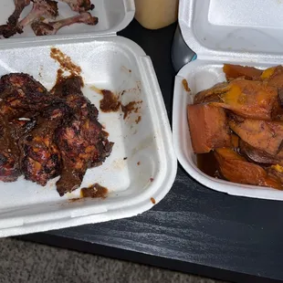 Jerk hot chicken wings and sweet potato yams