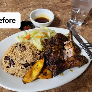 Large Jerk Chicken with extra jus for the rice and hot sauce on the side.