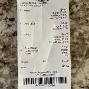 the receipt for the restaurant