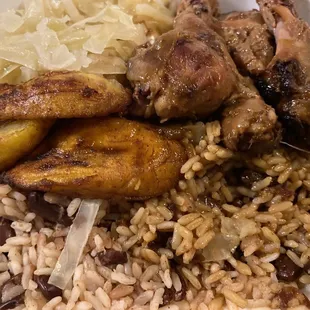 Jerk Chicken Rice and Beans, Plantain and Cabbage