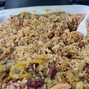 Peas and rice with curry gravy in top!