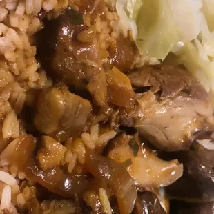 Chicken, Rice and peas, cabbage