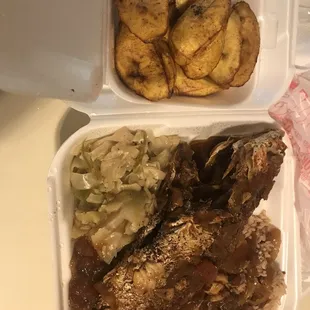 Red snapper, beans and rice, cabbage and plantions