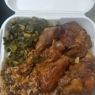 This is the jerk chicken with a side of greens for $9:50