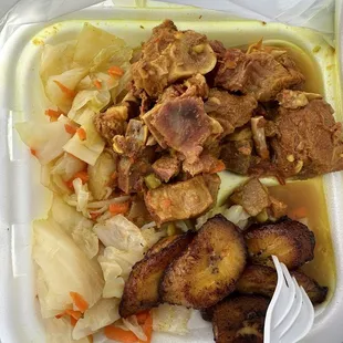 Curried goat, cabbage, plantains