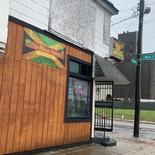 the entrance to a restaurant
