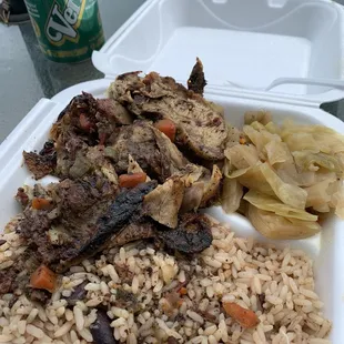 Jerk chicken cabbage rice and beans