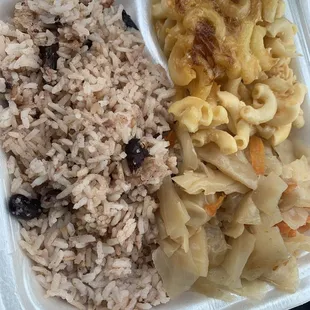 Rice and peas, mac, cabbage.