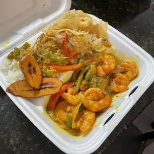 Curry Shrimp, Fried Plantains, rice, cabbage