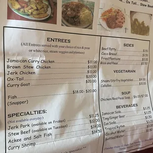 Menu as of 2022