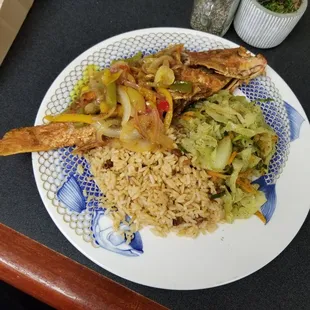Red snapper with rice &amp; peas and cabbage