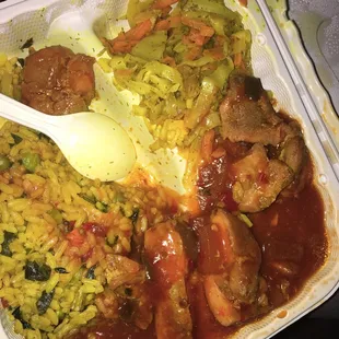 Boneless Pineapple Chicken thighs with yellow rice and cabbage! Loved it!