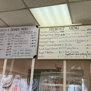 menus for breakfast and lunch