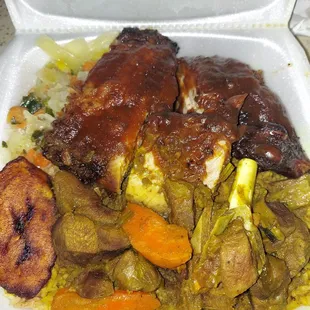 Jerk chicken top of photo n curry goat at the bottom.