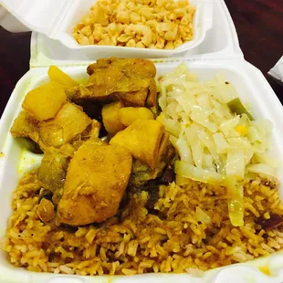 Curry chicken, spicy rice, cabbage and Mac and cheese. Food for three!