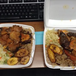 Jerk pork on the left, jerk chicken on the right