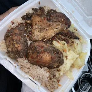 Jerk Chicken, rice, cabbage