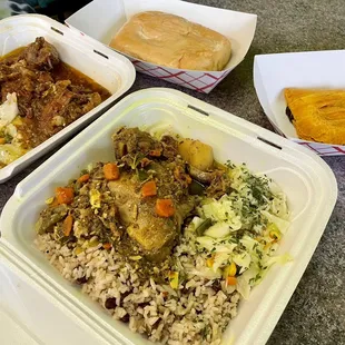 chicken curry, oxtail, coco bread, beef &amp; cheese patty