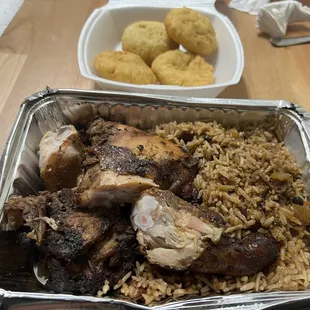 Jerk Chicken w/ rice &amp; peas &amp; Fried Dumplings