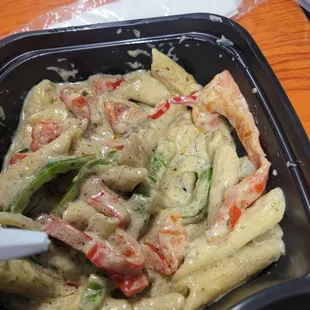 Rasta Pasta is delicious. I heard that people who order this 1x a week are 30% better than those who don't. In all metrics