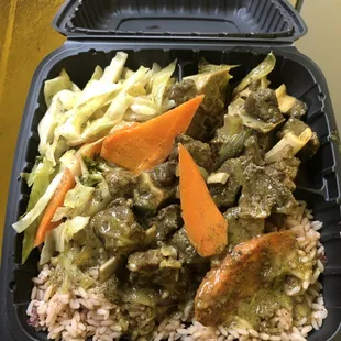 Curry Goat w/ Rice and Peas and Steamed Cabbage