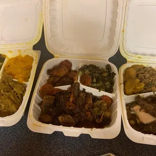 Curry Chicken, Ox Tail, and Jerk Chicken Sides: Greens, Pumpkin, Plantains, Chickpeas with Potatoes