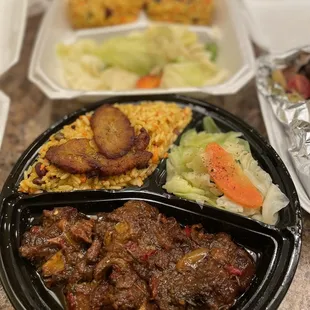 Oxtails with Trini Rice, Vegetables, and Plaintains