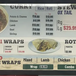 Curry, Roti, Wraps Menu as of March 14, 2024