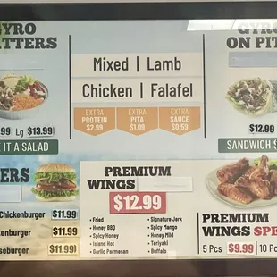Gyro Platters, Burgers, premium wings, Gyro Pita Menu as of March 14, 2024